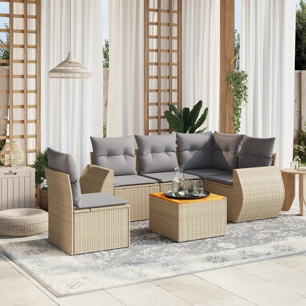 6 Pcs conjunto de sofás p/ jardim com almofadões vime PE bege