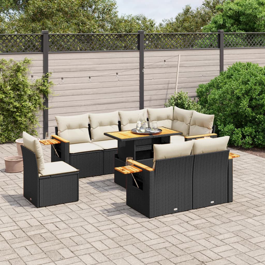 9 Pcs conjunto de sofás p/ jardim c/ almofadões vime PE preto