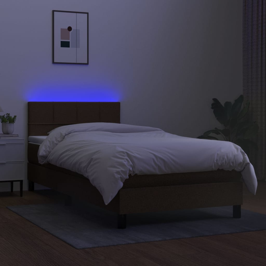 Cama box spring c/ colchão/LED 100x200cm tecido castanho-escuro