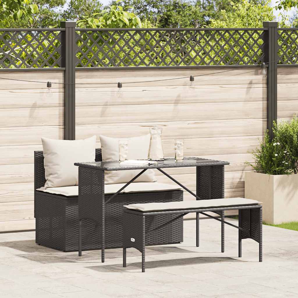 3 Pcs conjunto de jantar p/ jardim c/ almofadões vime PE preto