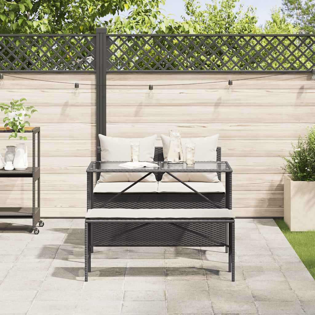 3 Pcs conjunto de jantar p/ jardim c/ almofadões vime PE preto