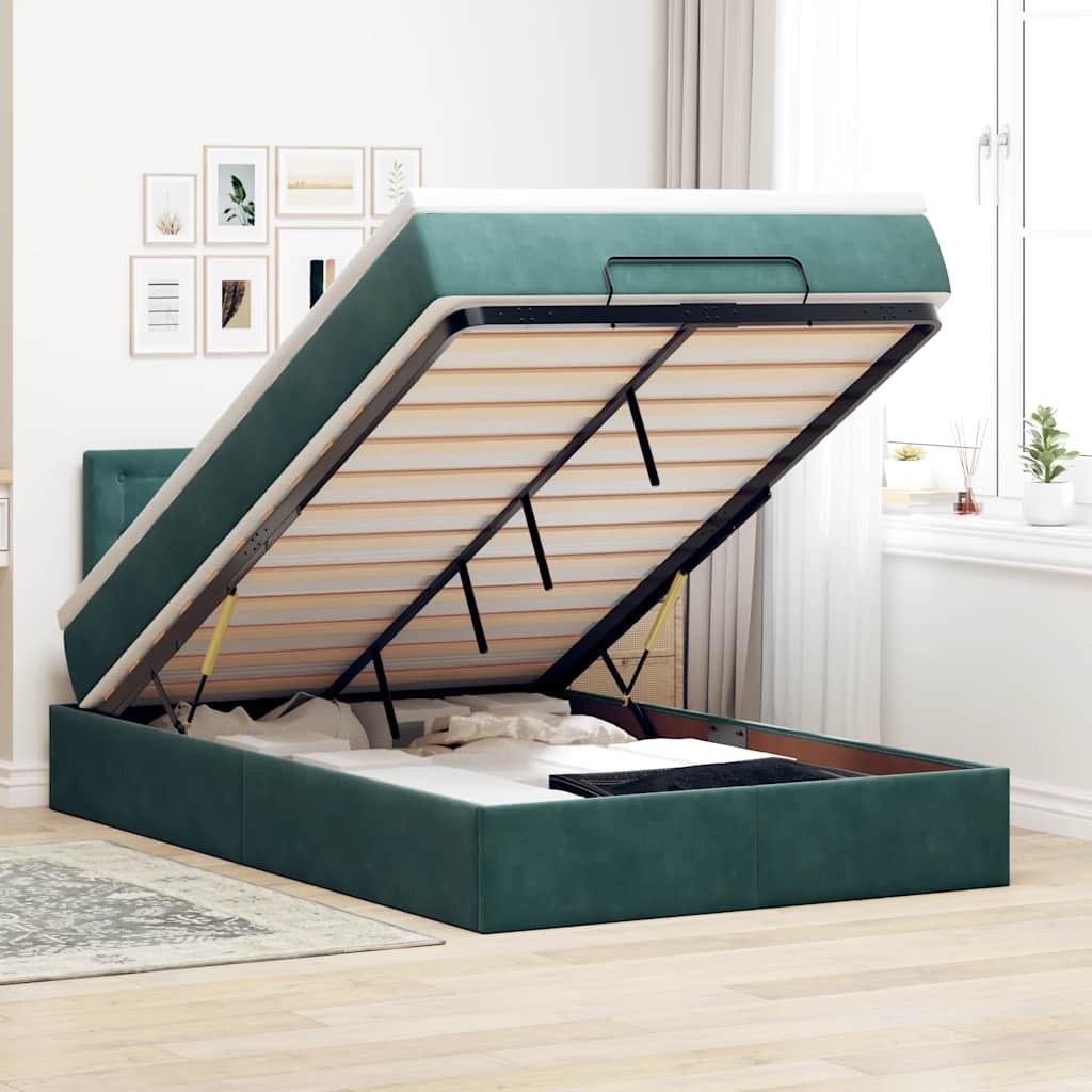 Cama otomana com colchão & leds 120x190cm veludo verde-escuro