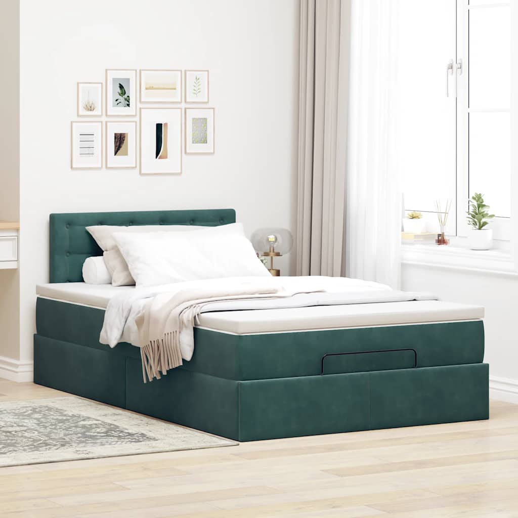 Cama otomana com colchão & leds 120x190cm veludo verde-escuro