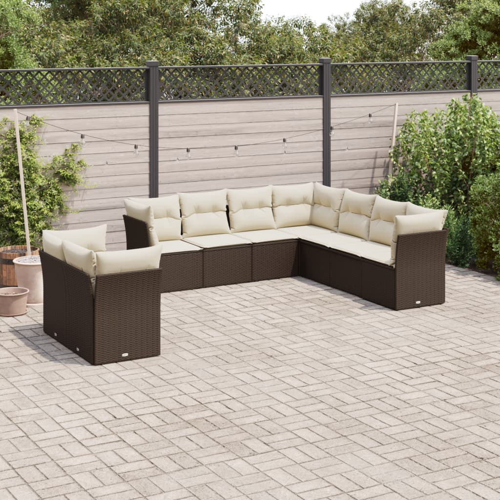 9 Pcs conjunto sofás p/ jardim c/ almofadões vime PE castanho