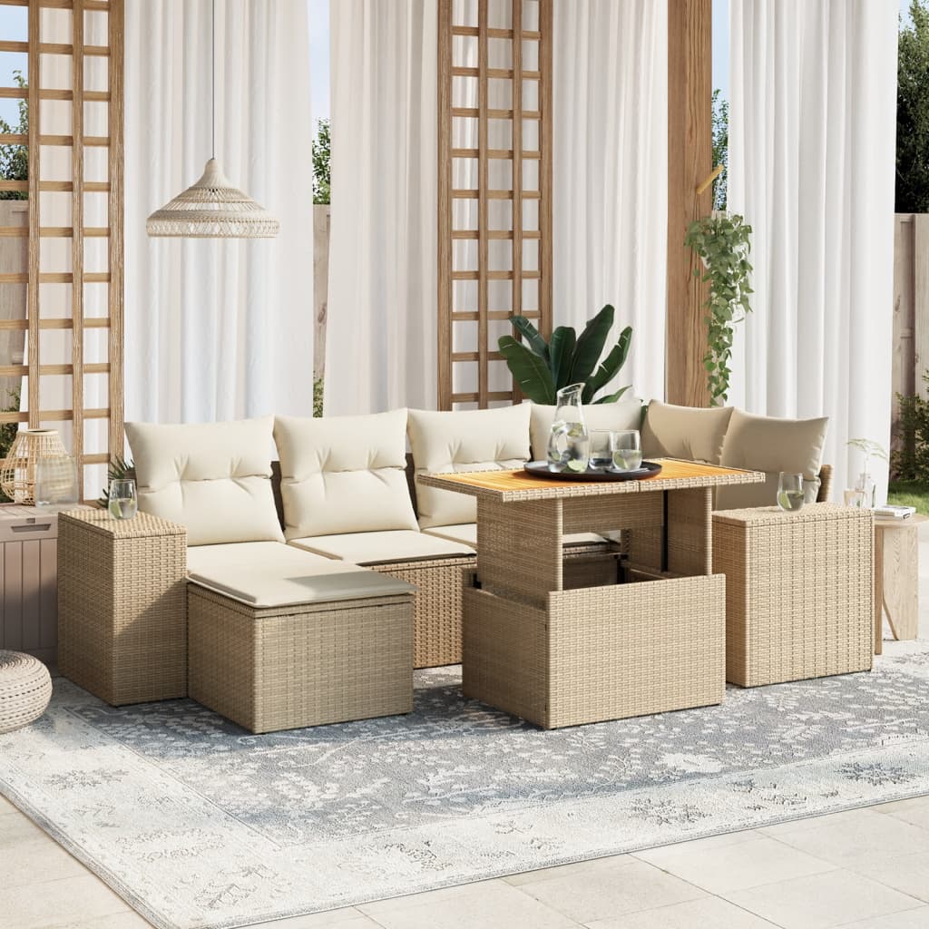 7 Pcs conjunto de sofás p/ jardim com almofadões vime PE bege