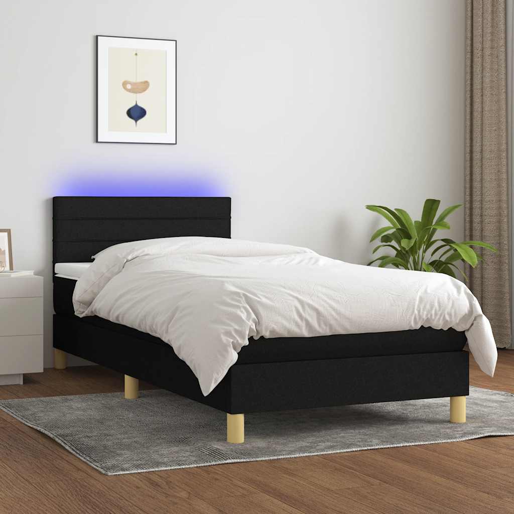 Cama box spring c/ colchão e LED 100x200 cm tecido preto