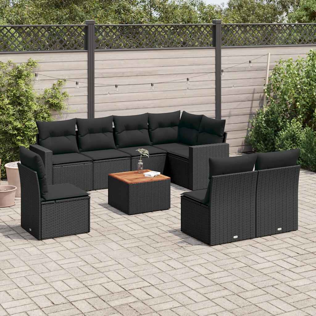 9 Pcs conjunto de sofás p/ jardim c/ almofadões vime PE preto