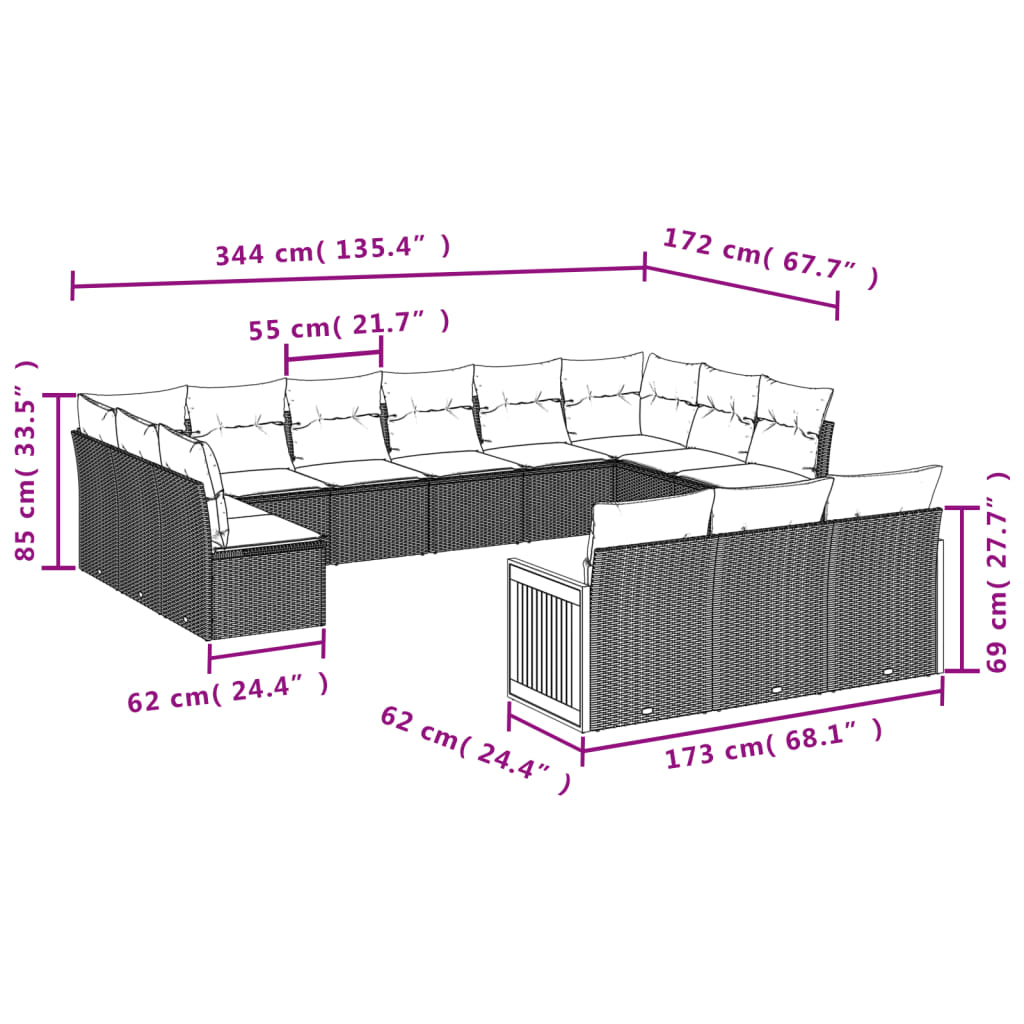 13 Pcs conjunto de sofás p/ jardim com almofadões vime PE bege