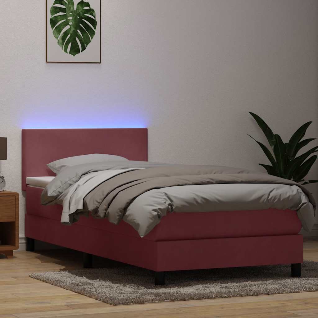 Cama box spring c/ colchão e LED 80x220 cm veludo rosa