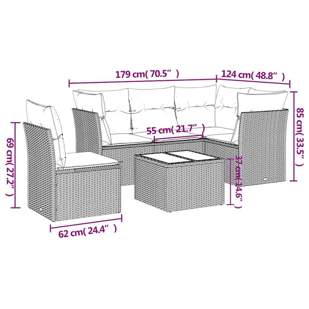 6 Pcs conjunto de sofás jardim c/ almofadões vime PE castanho