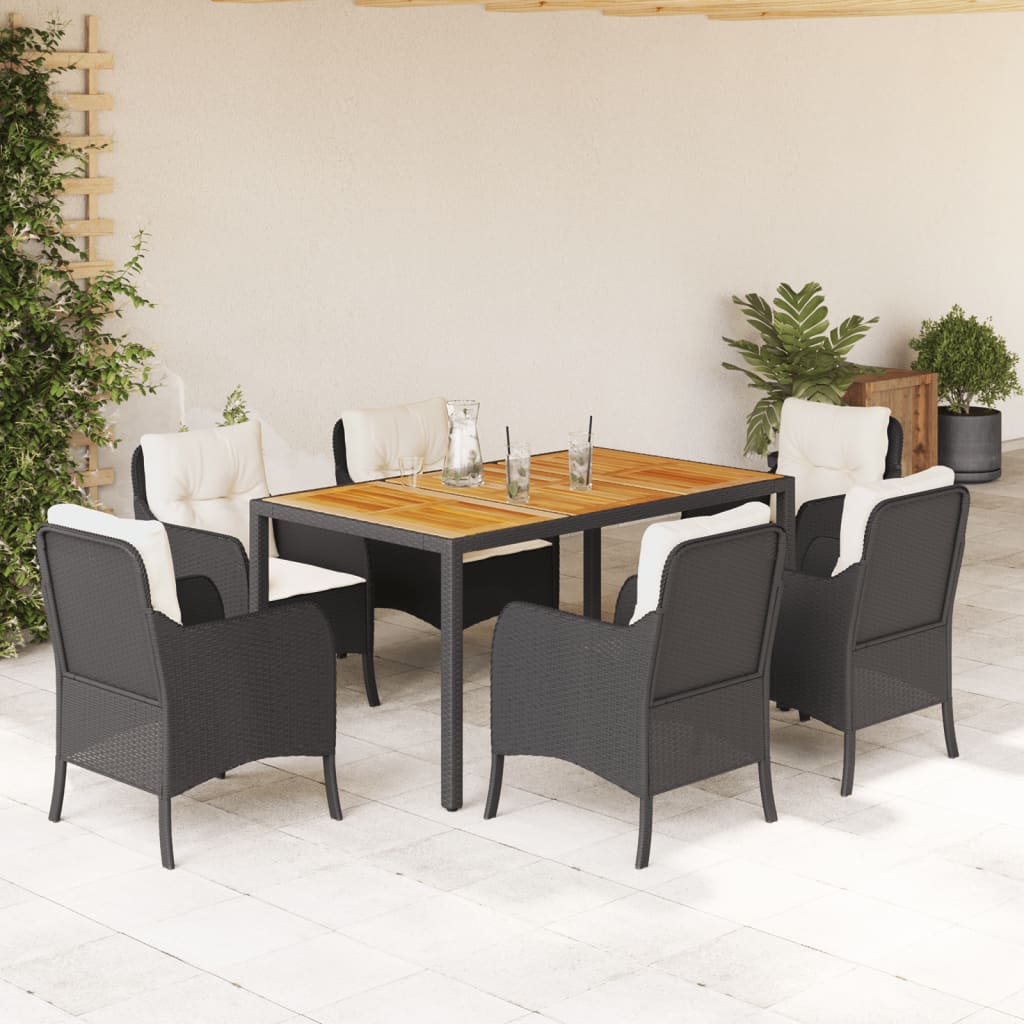 7 Pcs conjunto de jantar p/ jardim c/ almofadões vime PE preto