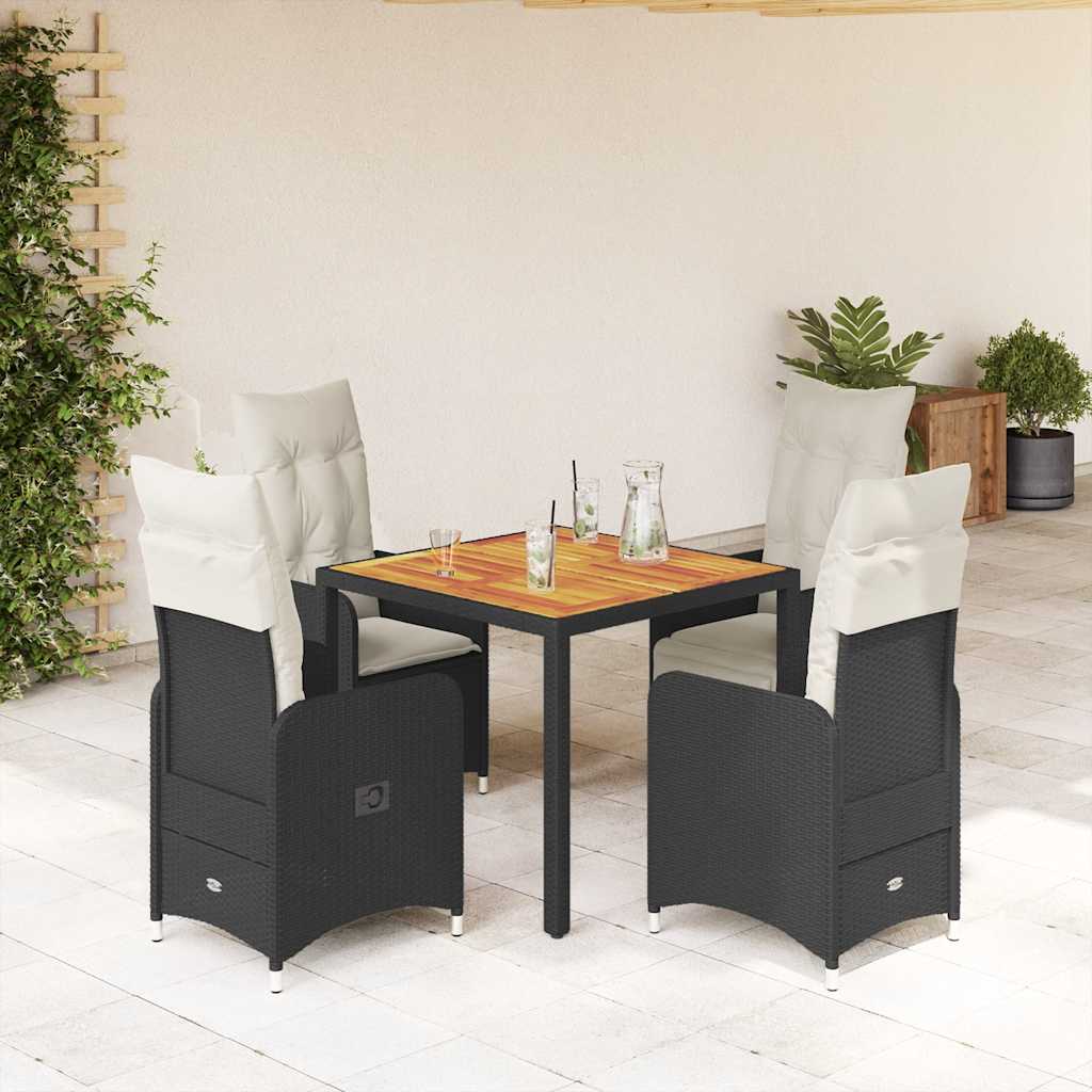 5 Pcs conjunto bistrô de jardim c/ almofadões vime PE preto