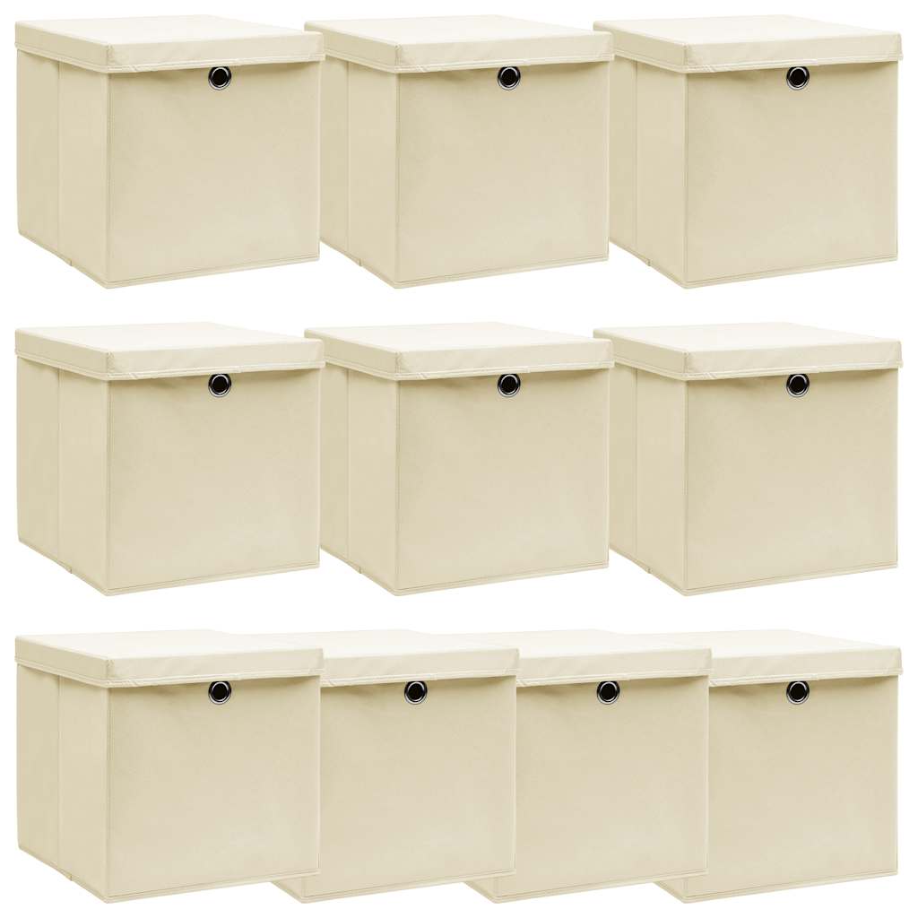 Caixas de arrumação com tampa 10 pcs 32x32x32 cm tecido creme