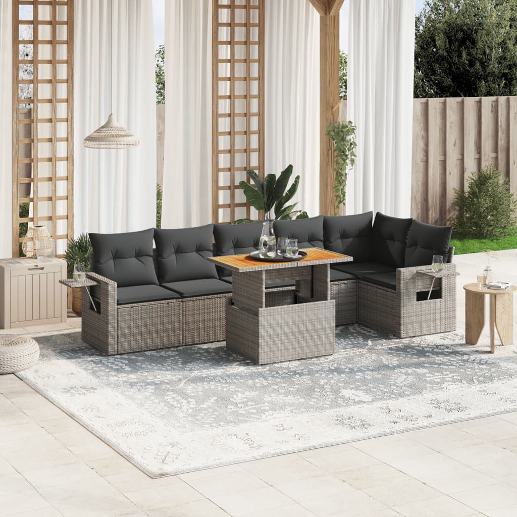 7 Pcs conjunto sofás p/ jardim c/ almofadões vime PE cinzento
