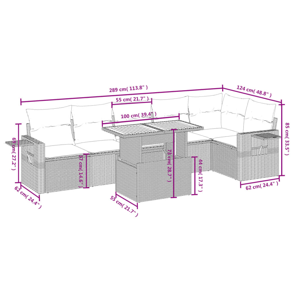7 Pcs conjunto sofás p/ jardim c/ almofadões vime PE cinzento