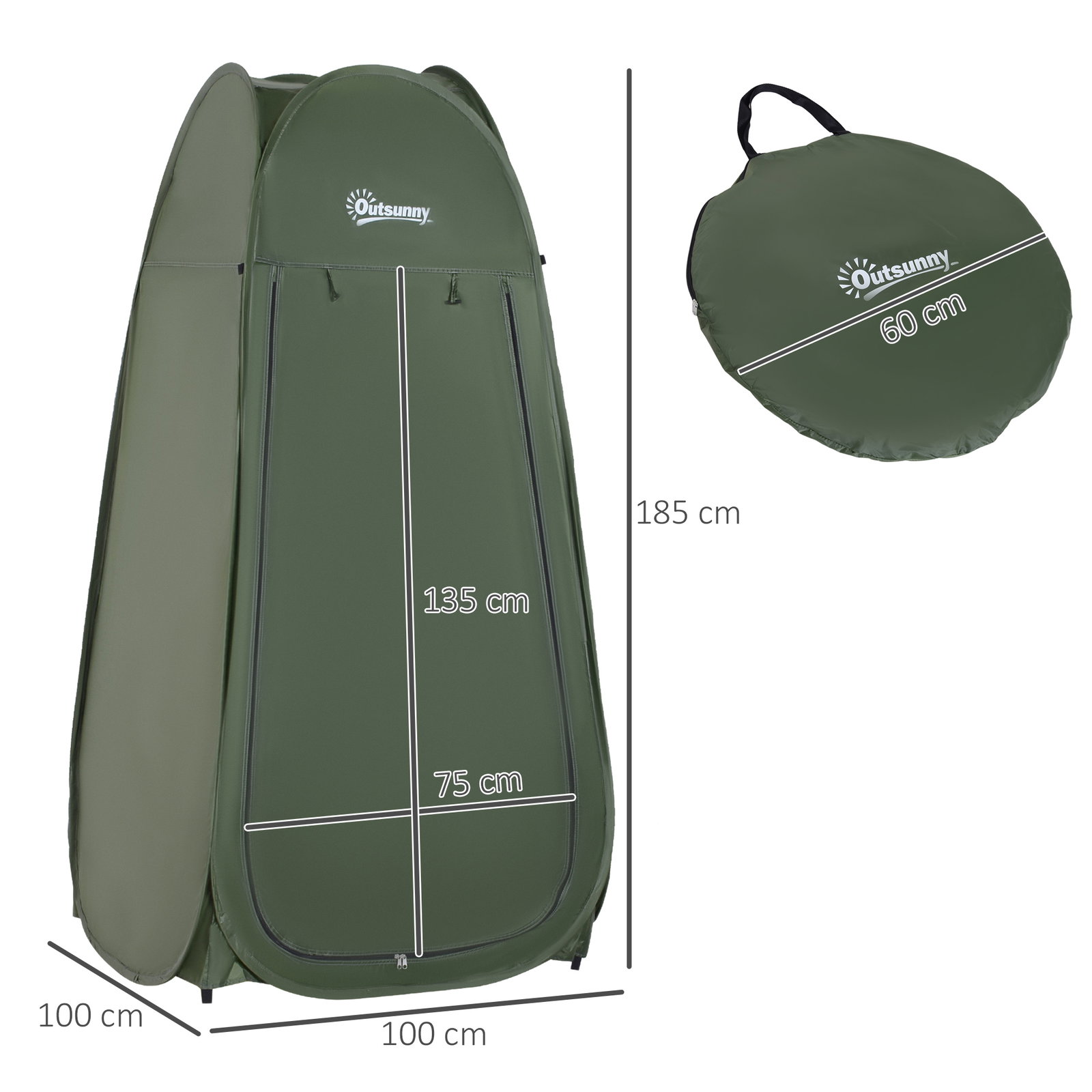 Tenda de duche para campismo dobrável pop up tenda de privacidade com proteção UV e tecido impermeável 100x100x185cm verde escuro