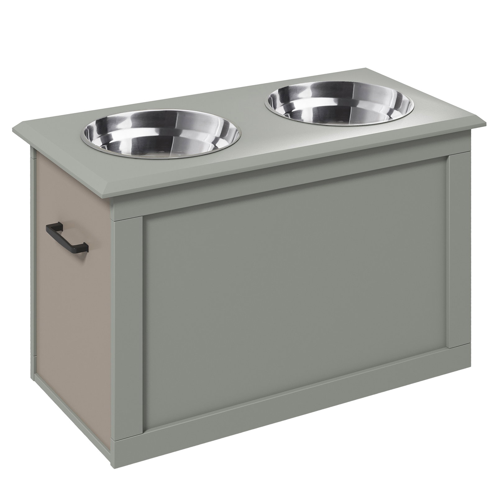 Comedouro elevado para cães com 2 tigelas de aço inoxidável e espaço de armazenamento oculto 60x30x41 cm cinzento
