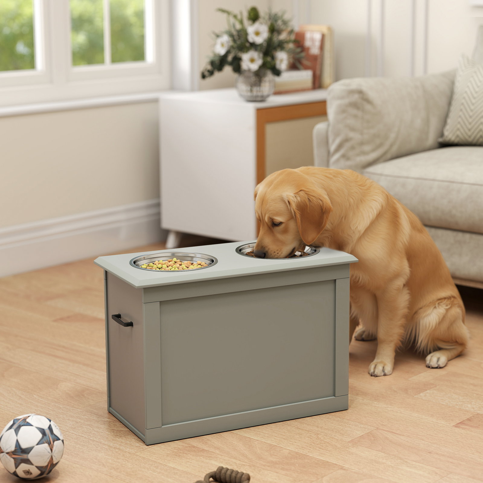 Comedouro elevado para cães com 2 tigelas de aço inoxidável e espaço de armazenamento oculto 60x30x41 cm cinzento