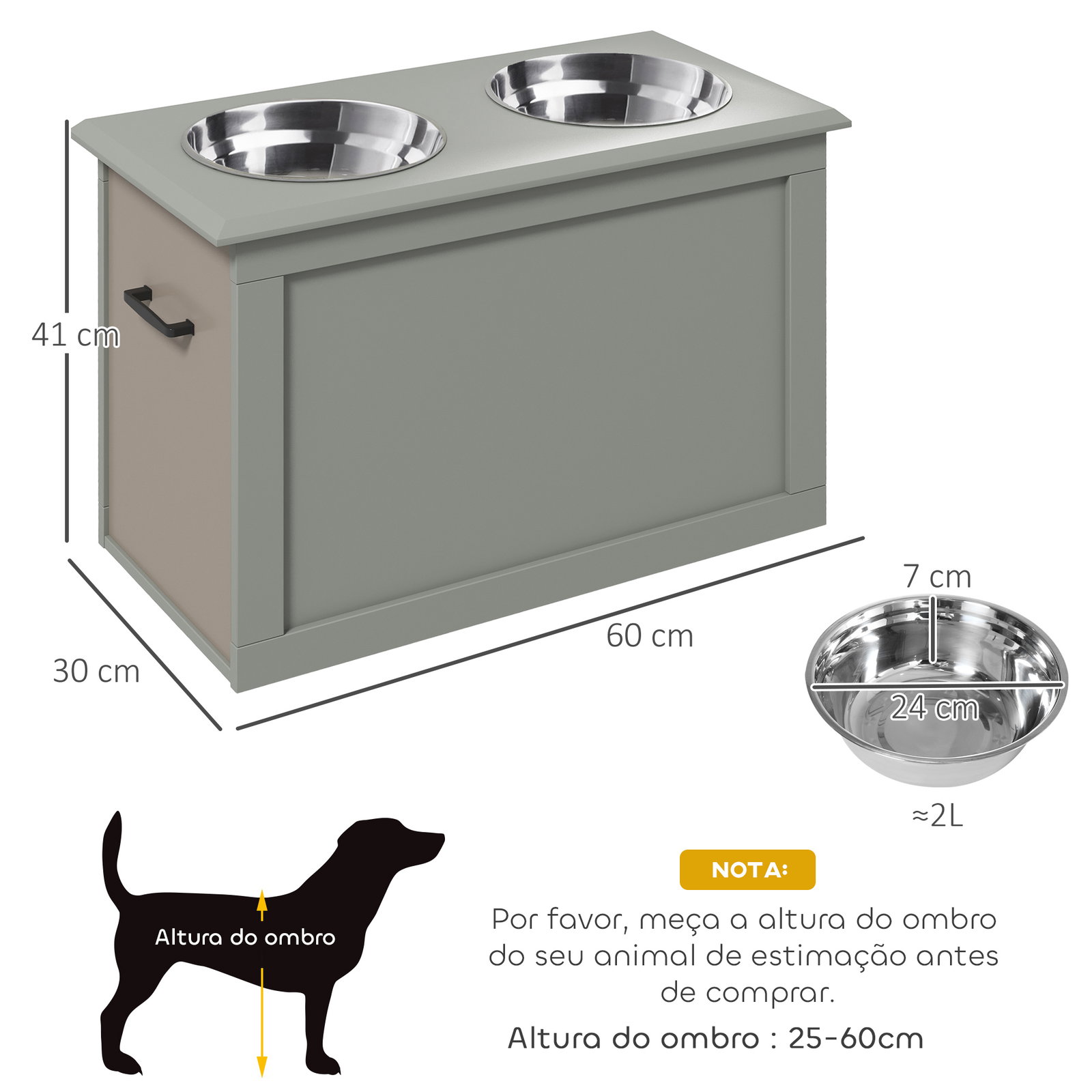 Comedouro elevado para cães com 2 tigelas de aço inoxidável e espaço de armazenamento oculto 60x30x41 cm cinzento