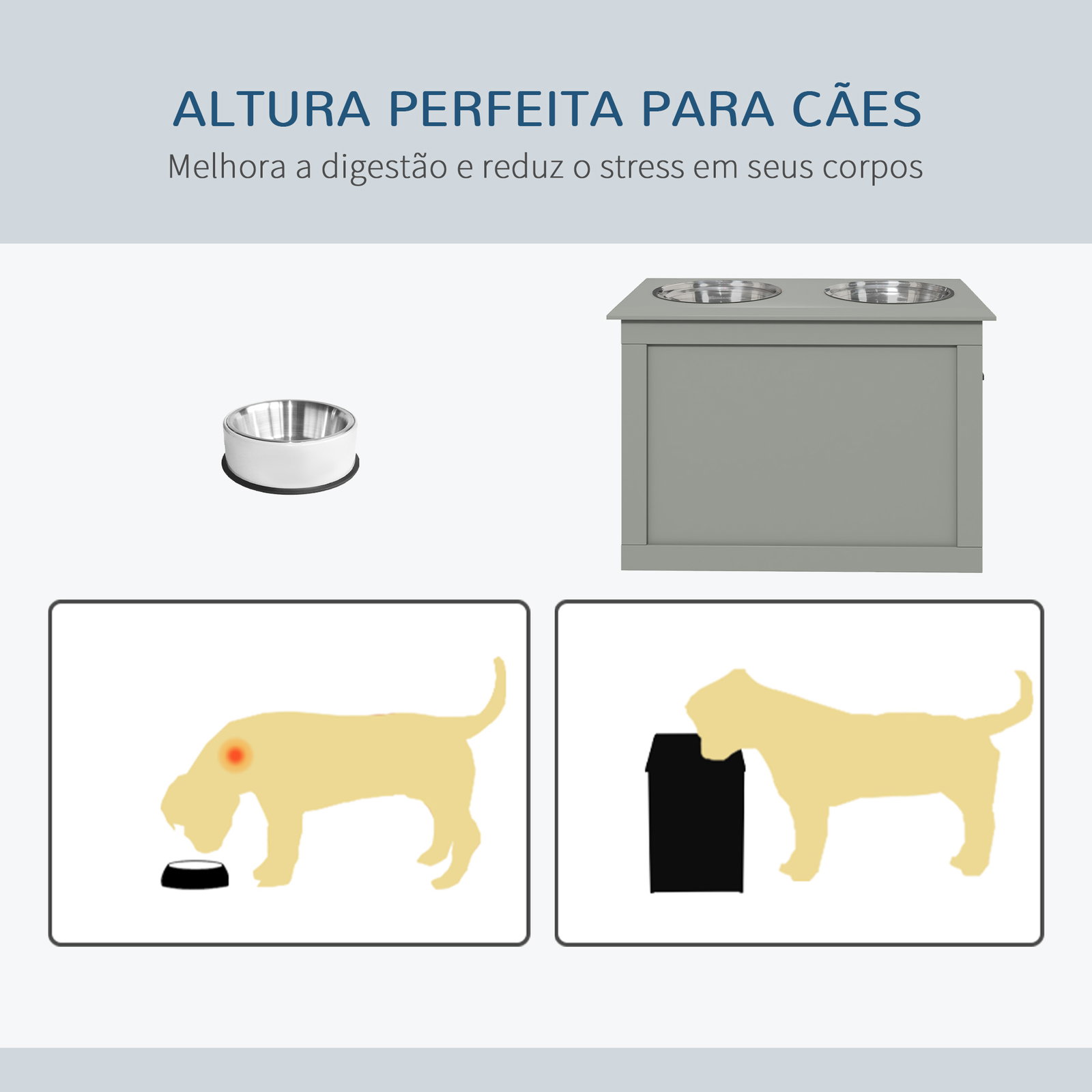 Comedouro elevado para cães com 2 tigelas de aço inoxidável e espaço de armazenamento oculto 60x30x41 cm cinzento