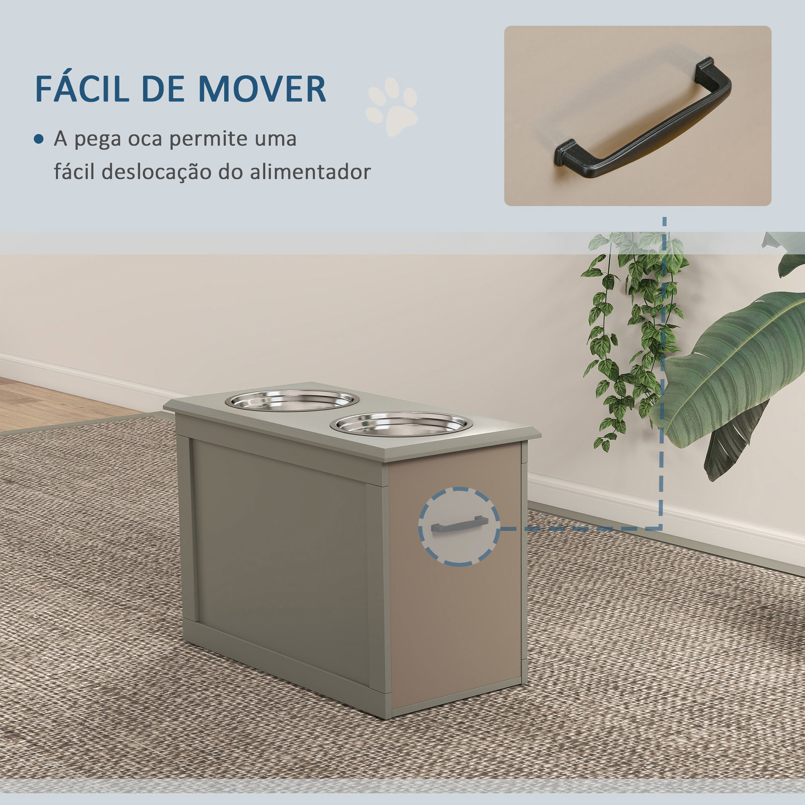 Comedouro elevado para cães com 2 tigelas de aço inoxidável e espaço de armazenamento oculto 60x30x41 cm cinzento
