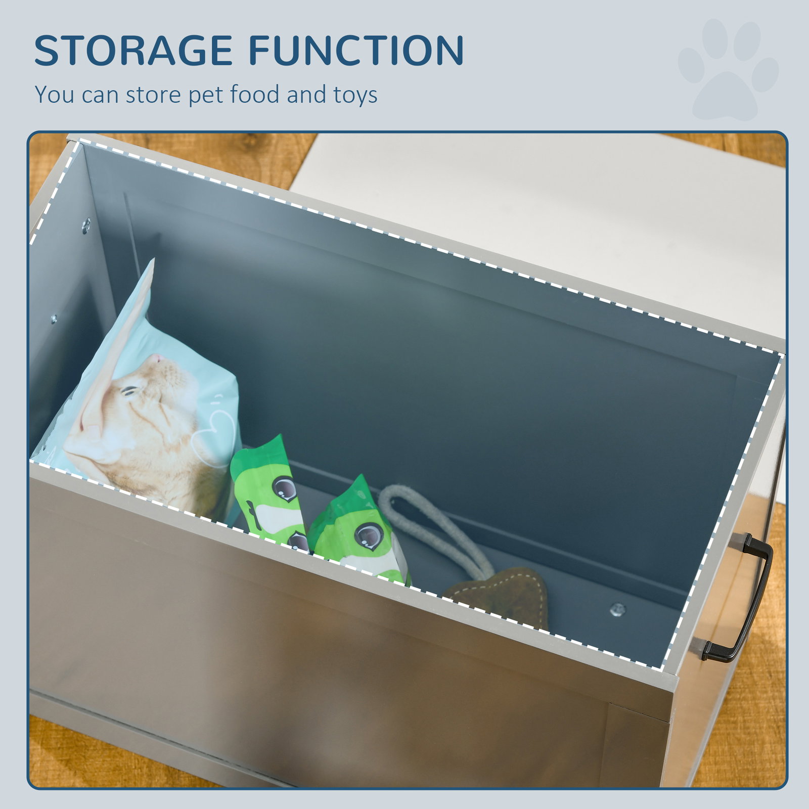 Comedouro elevado para cães com 2 tigelas de aço inoxidável e espaço de armazenamento oculto 60x30x41 cm cinzento