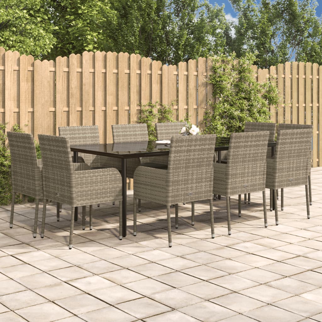 11 Pcs conjunto jantar jardim c/ almofadões vime PE preto/cinza