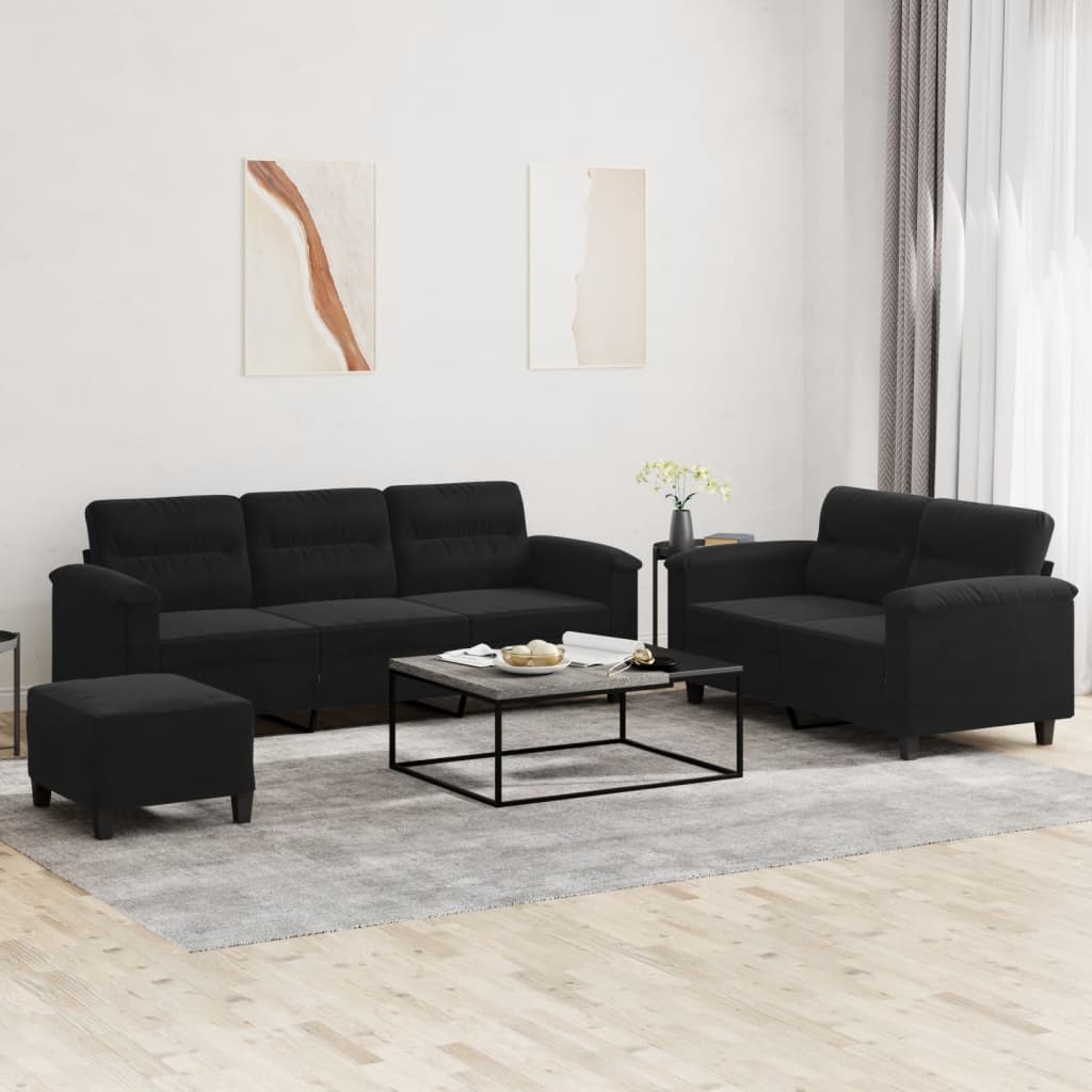 3 Pcs conj. sofás c/ almofadões tecido de microfibra preto