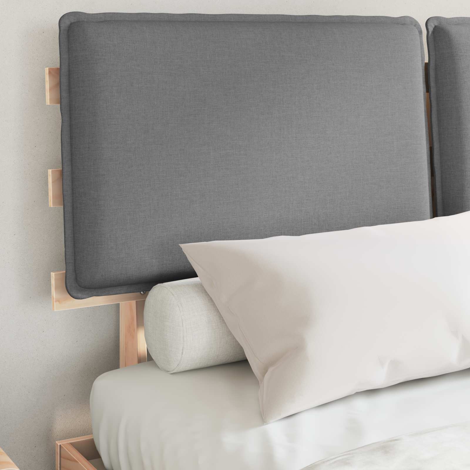 Estrutura de cama com cabeceira estofada cinzento-claro