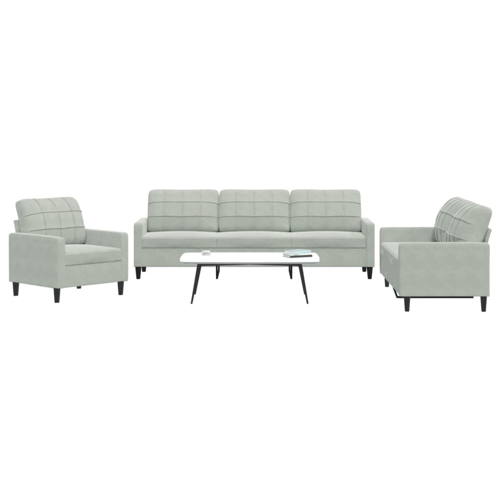 3 Pcs conjunto de sofás com almofadões veludo cinzento-claro