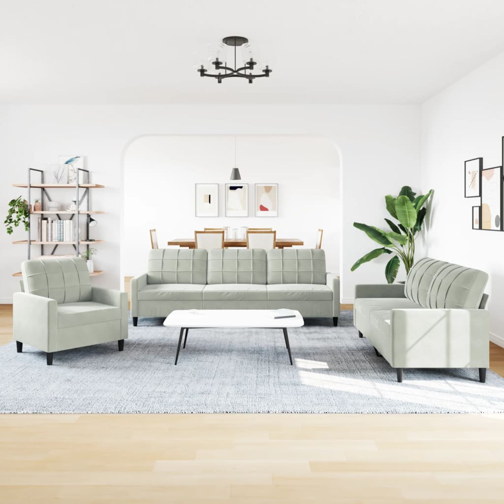 3 Pcs conjunto de sofás com almofadões veludo cinzento-claro
