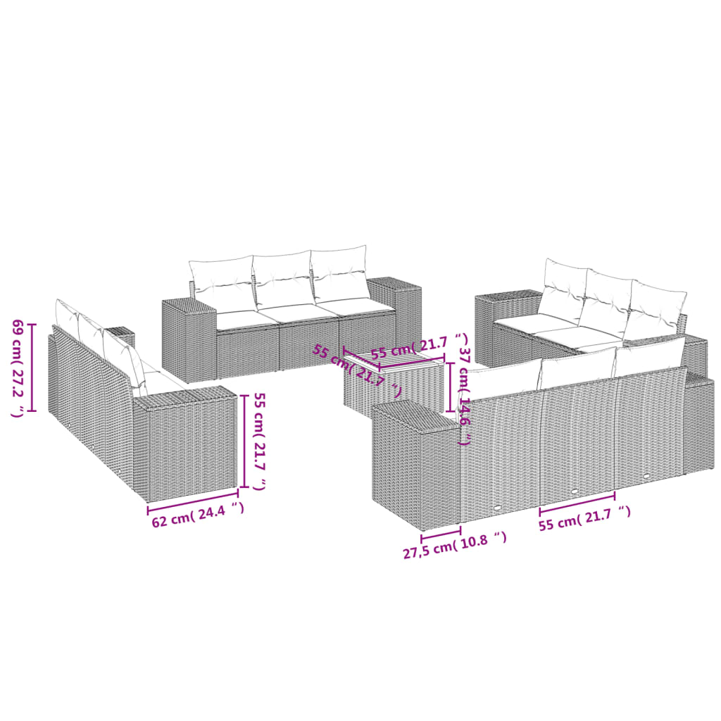 13 Pcs conjunto sofás p/ jardim c/ almofadões vime PE cinzento