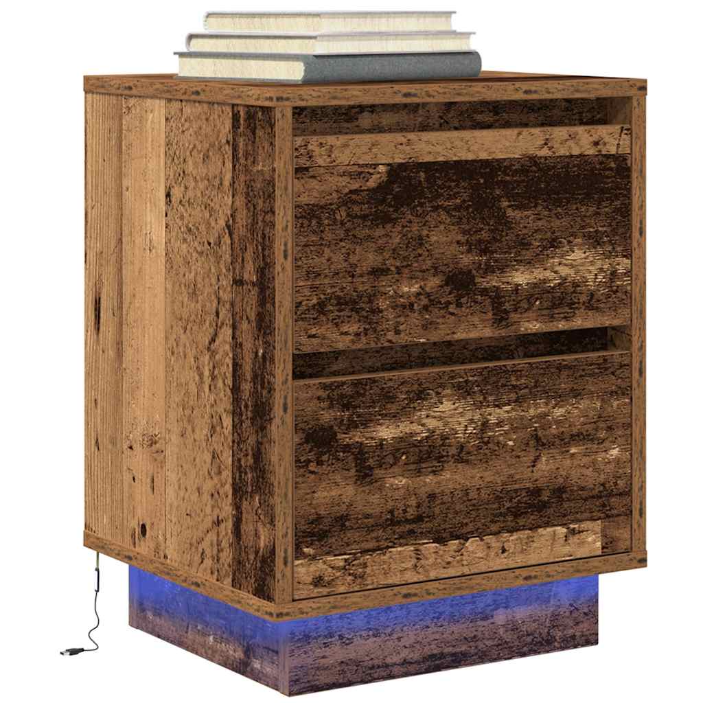 Mesa de cabeceira com luzes LED 38x34x50 cm madeira velha