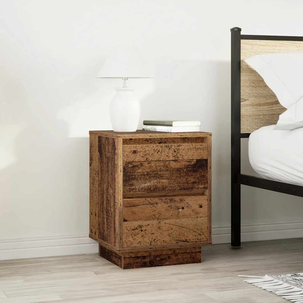 Mesa de cabeceira com luzes LED 38x34x50 cm madeira velha