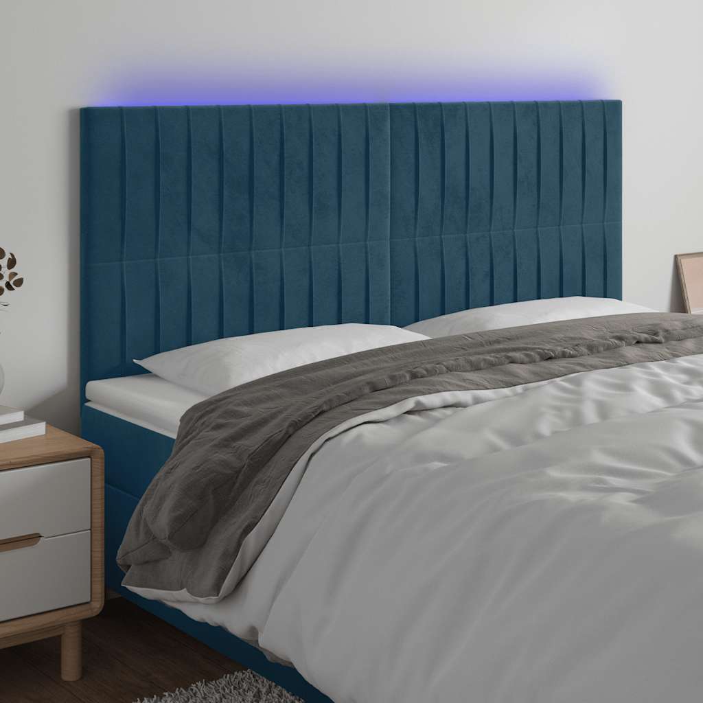 Cabeceira cama c/ luzes LED veludo 180x5x118/128cm azul-escuro