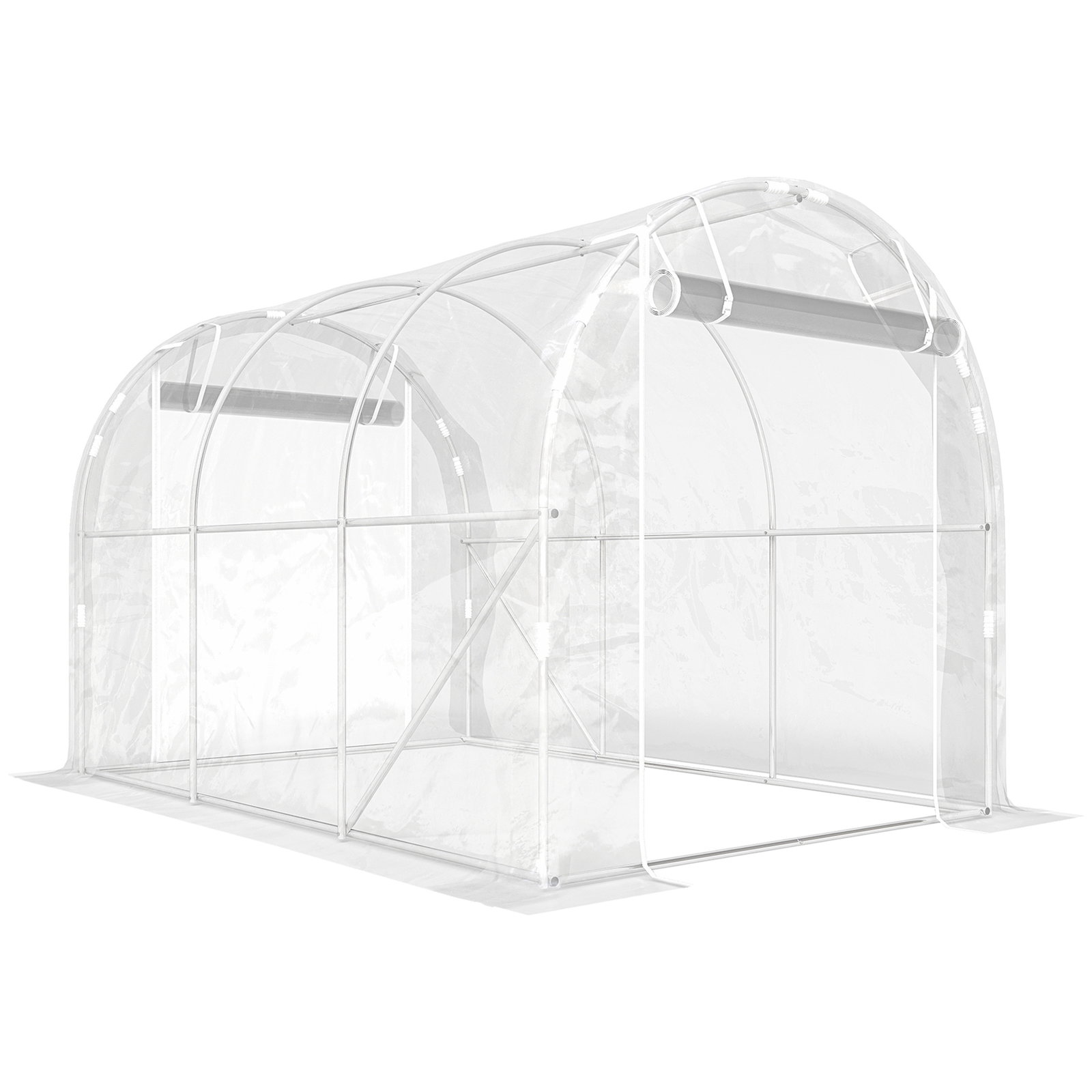 Estufa tipo túnel 195x295x195 cm com 2 portas enroláveis estrutura de aço galvanizado e cobertura em PE 150g/m² transparente