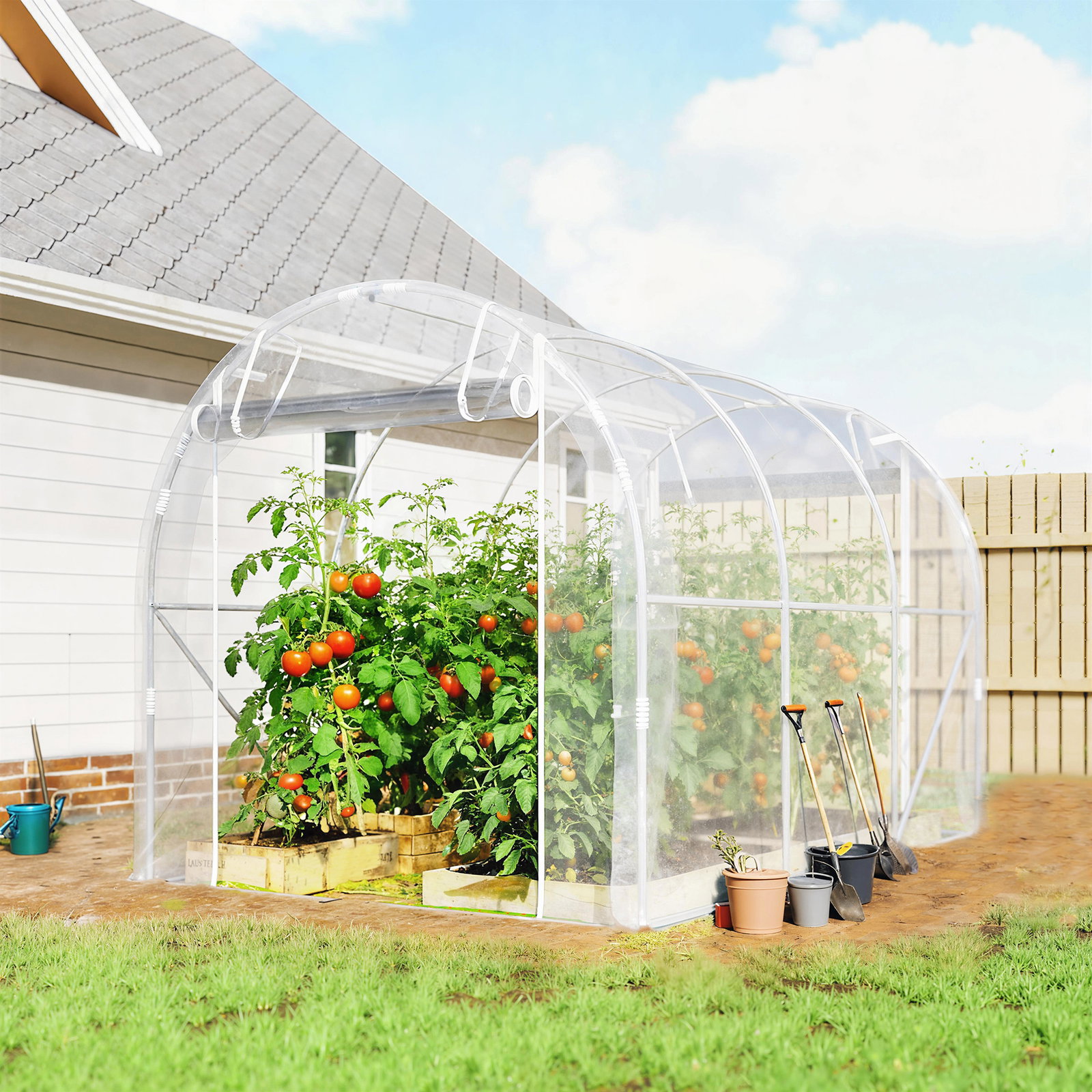Estufa tipo túnel 195x295x195 cm com 2 portas enroláveis estrutura de aço galvanizado e cobertura em PE 150g/m² transparente