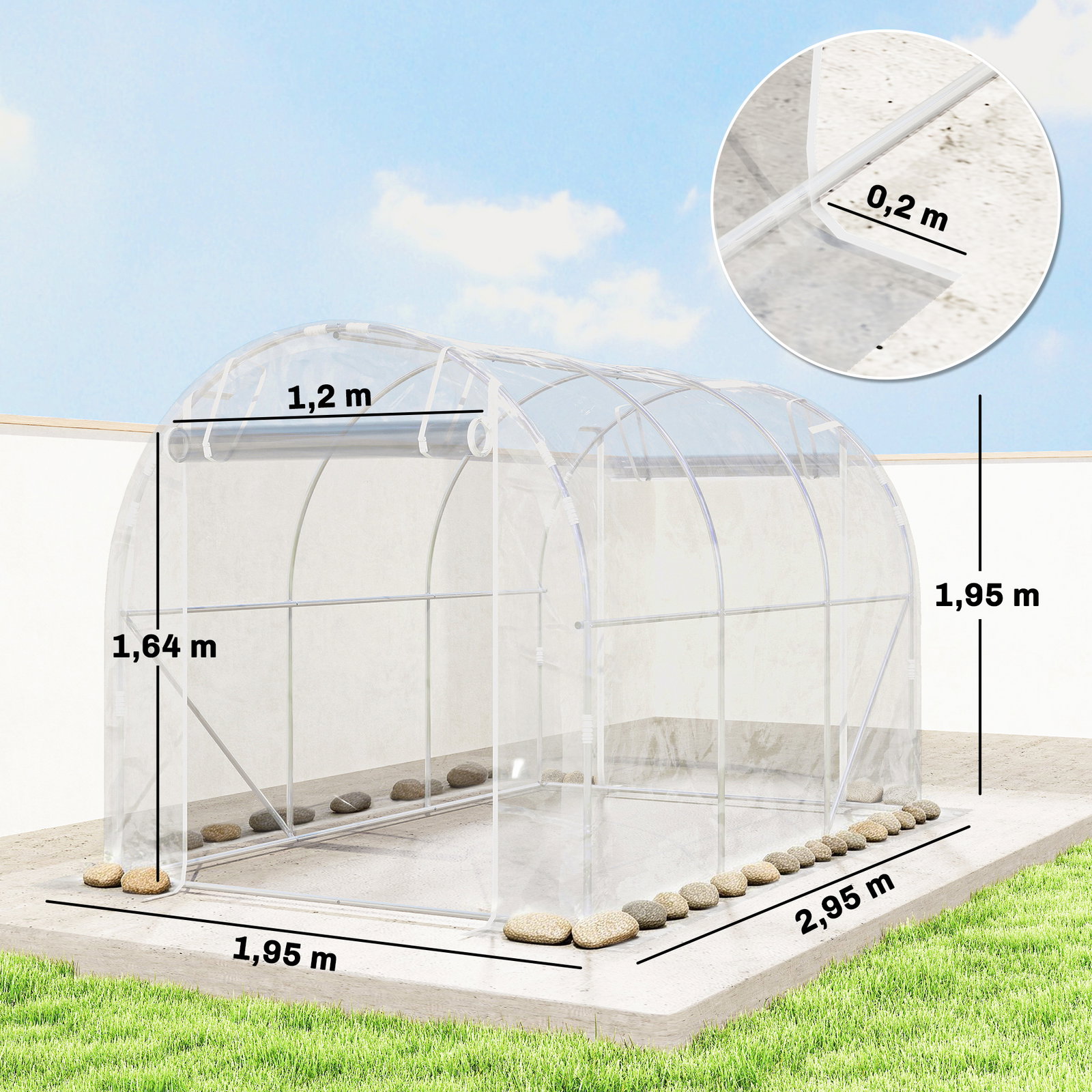 Estufa tipo túnel 195x295x195 cm com 2 portas enroláveis estrutura de aço galvanizado e cobertura em PE 150g/m² transparente