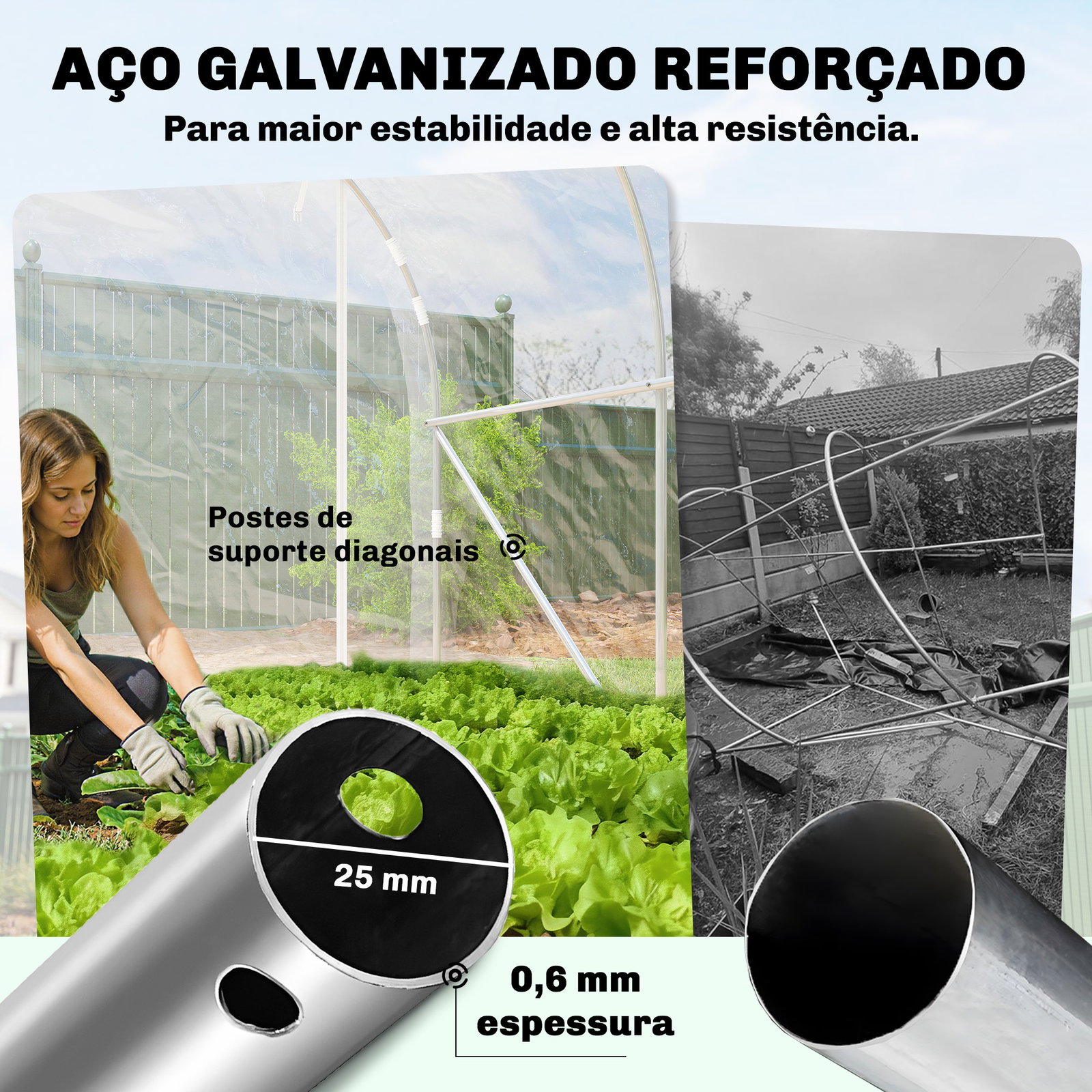 Estufa tipo túnel 195x295x195 cm com 2 portas enroláveis estrutura de aço galvanizado e cobertura em PE 150g/m² transparente