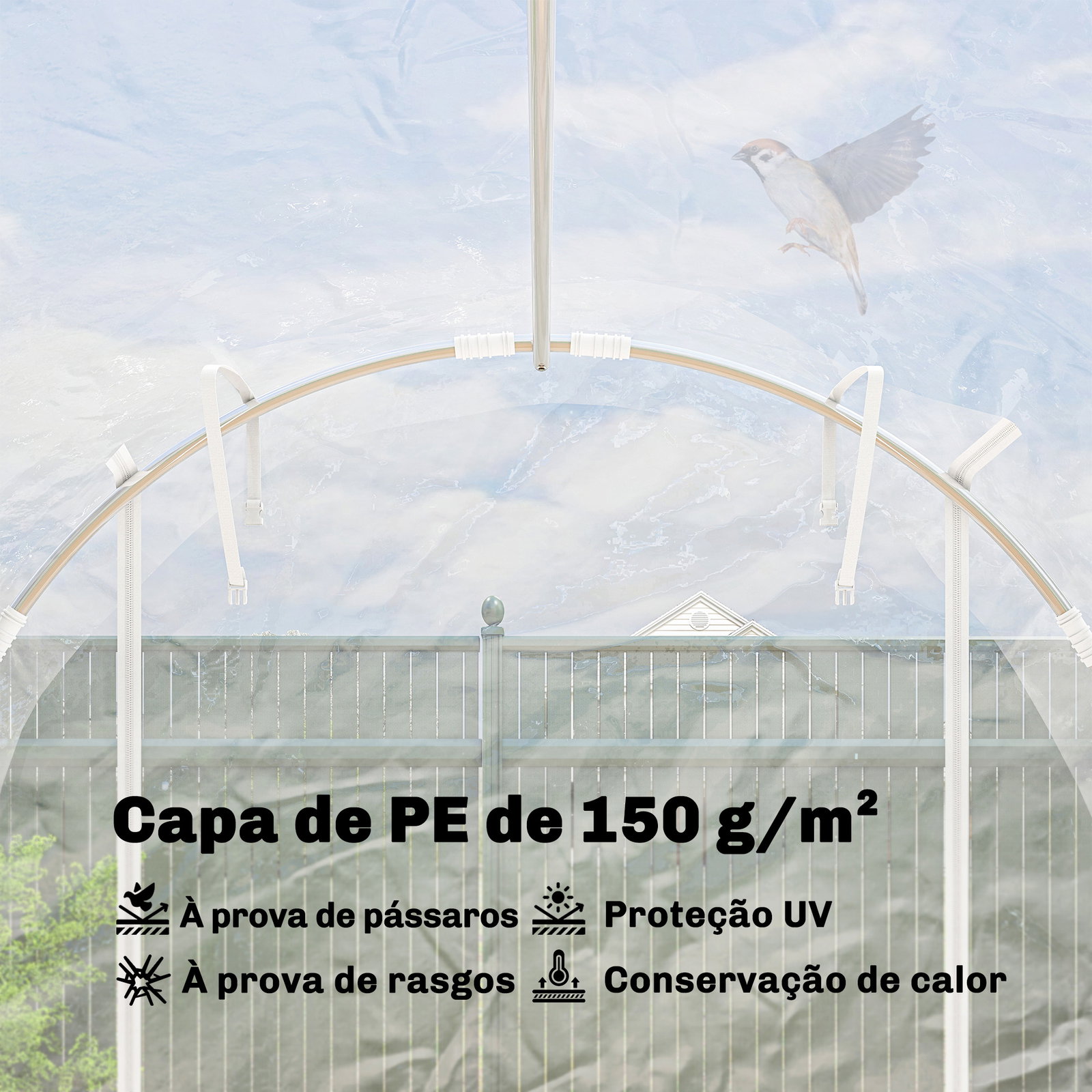 Estufa tipo túnel 195x295x195 cm com 2 portas enroláveis estrutura de aço galvanizado e cobertura em PE 150g/m² transparente