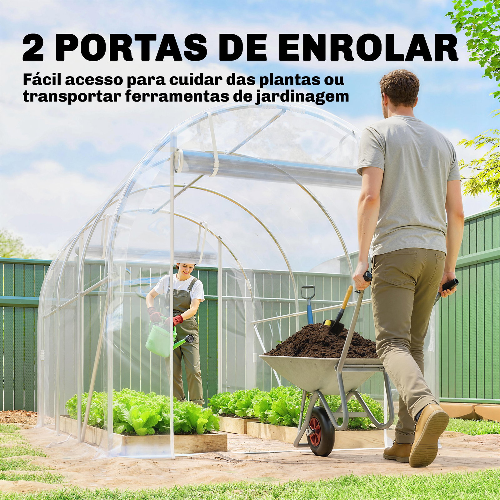 Estufa tipo túnel 195x295x195 cm com 2 portas enroláveis estrutura de aço galvanizado e cobertura em PE 150g/m² transparente