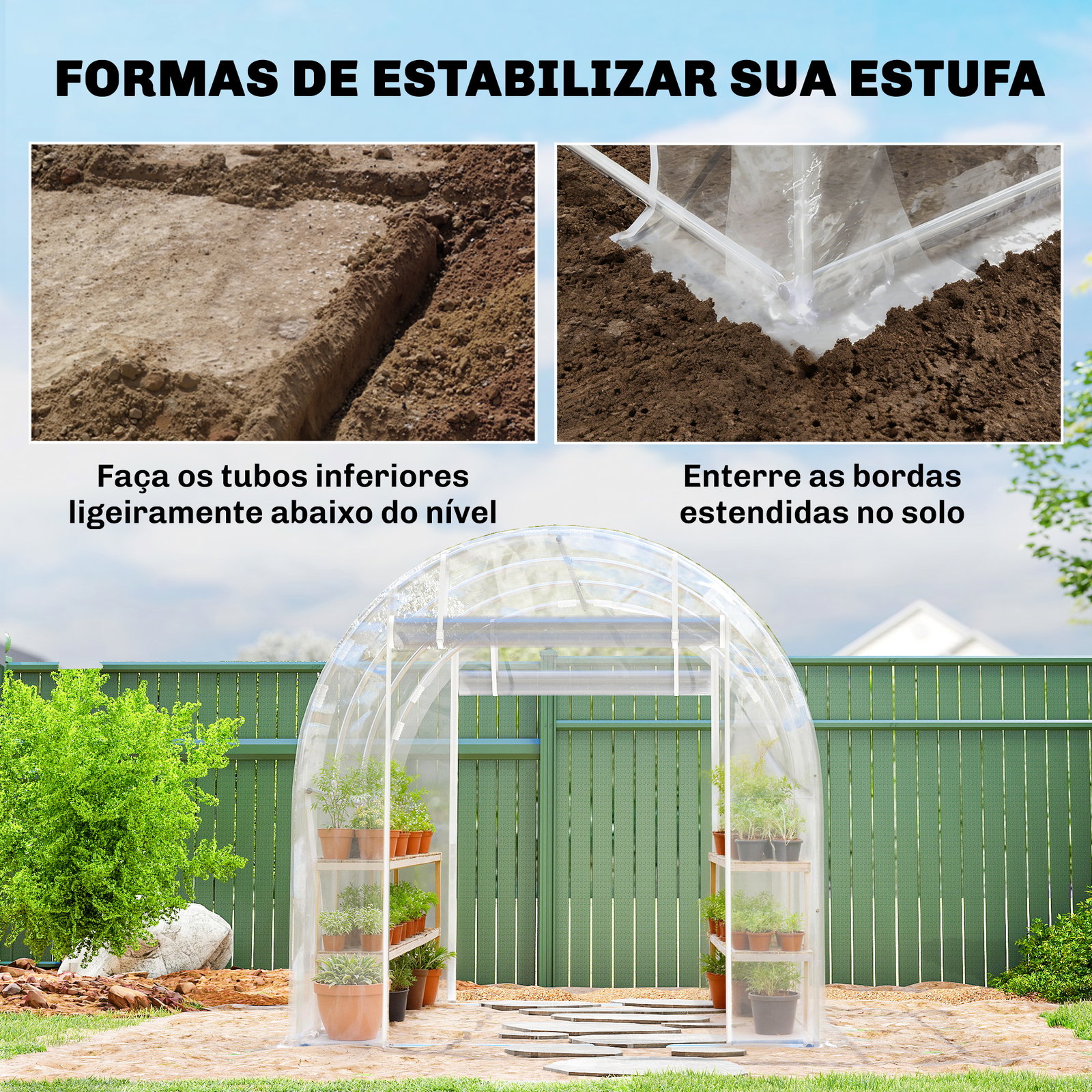 Estufa tipo túnel 195x295x195 cm com 2 portas enroláveis estrutura de aço galvanizado e cobertura em PE 150g/m² transparente