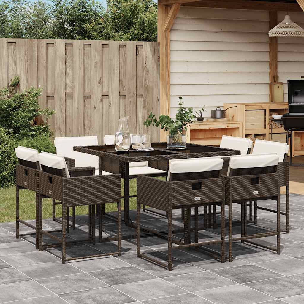 9 Pcs conjunto jantar p/ jardim c/ almofadões vime PE castanho