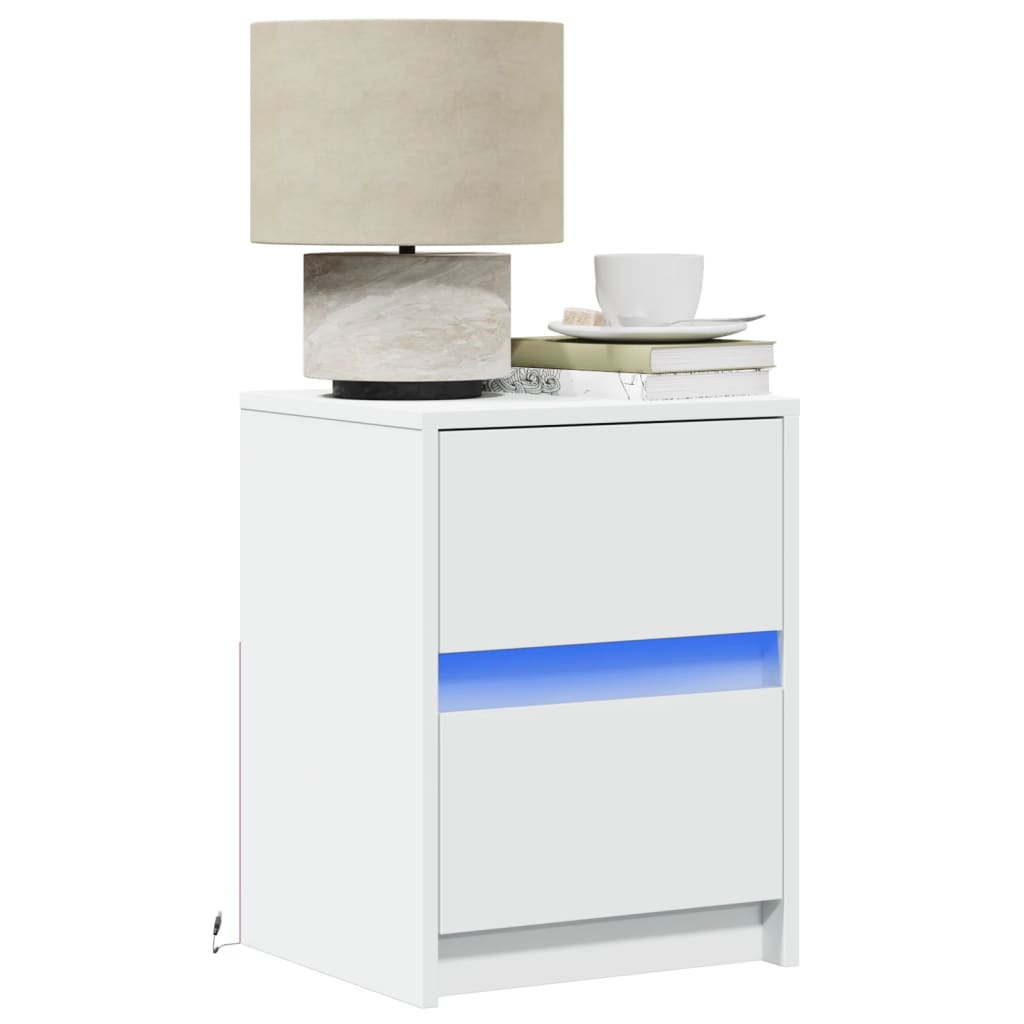 Mesa de cabeceira com luzes LED derivados de madeira branco