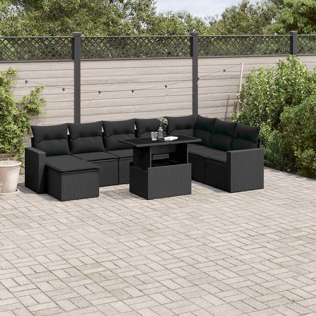 9 Pcs conjunto de sofás p/ jardim c/ almofadões vime PE preto