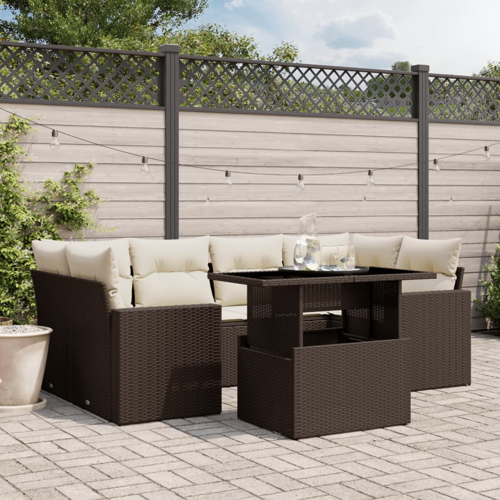 7 Pcs conjunto de sofás jardim c/ almofadões vime PE castanho
