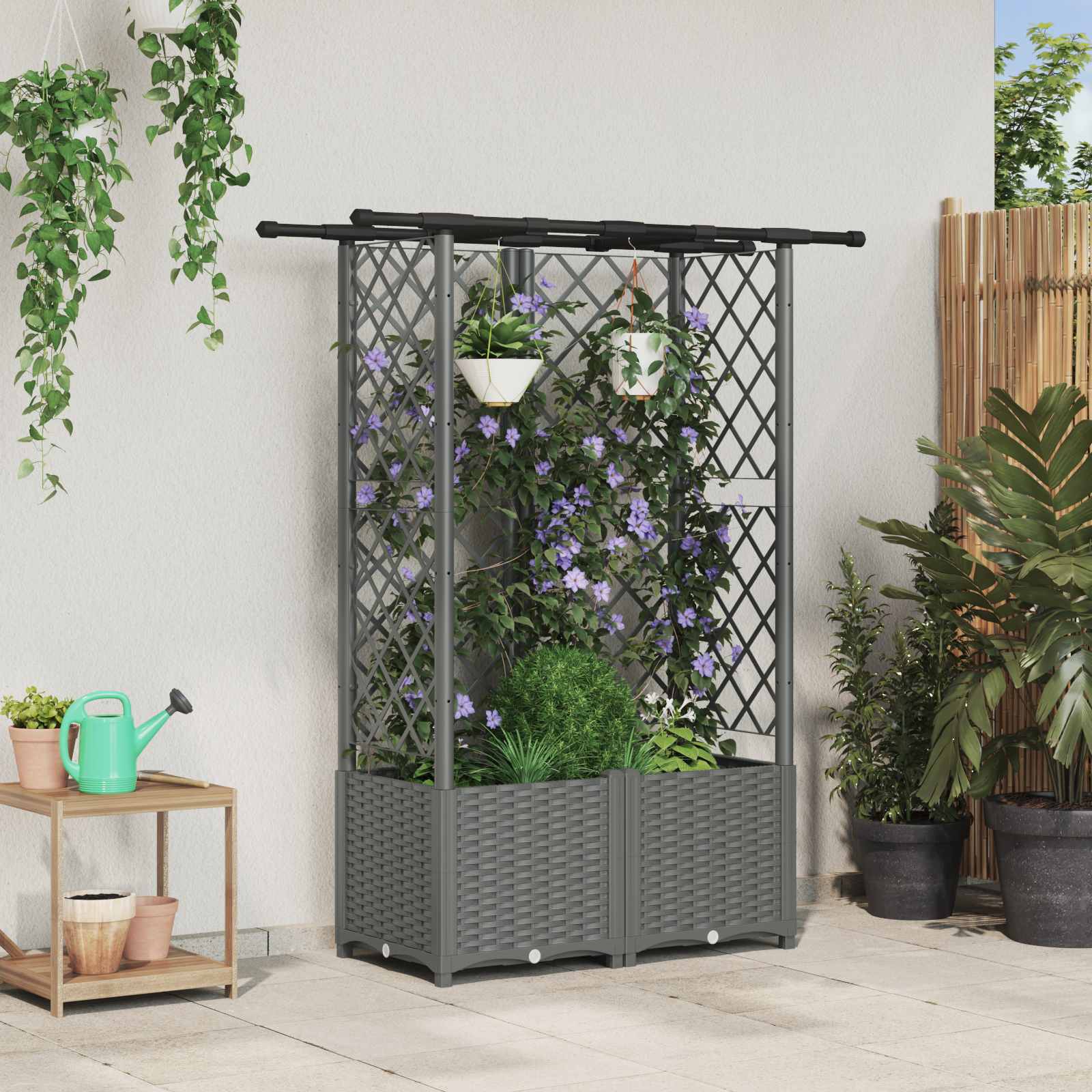 Cama elevada com treliça e telhado cinzento-claro PP
