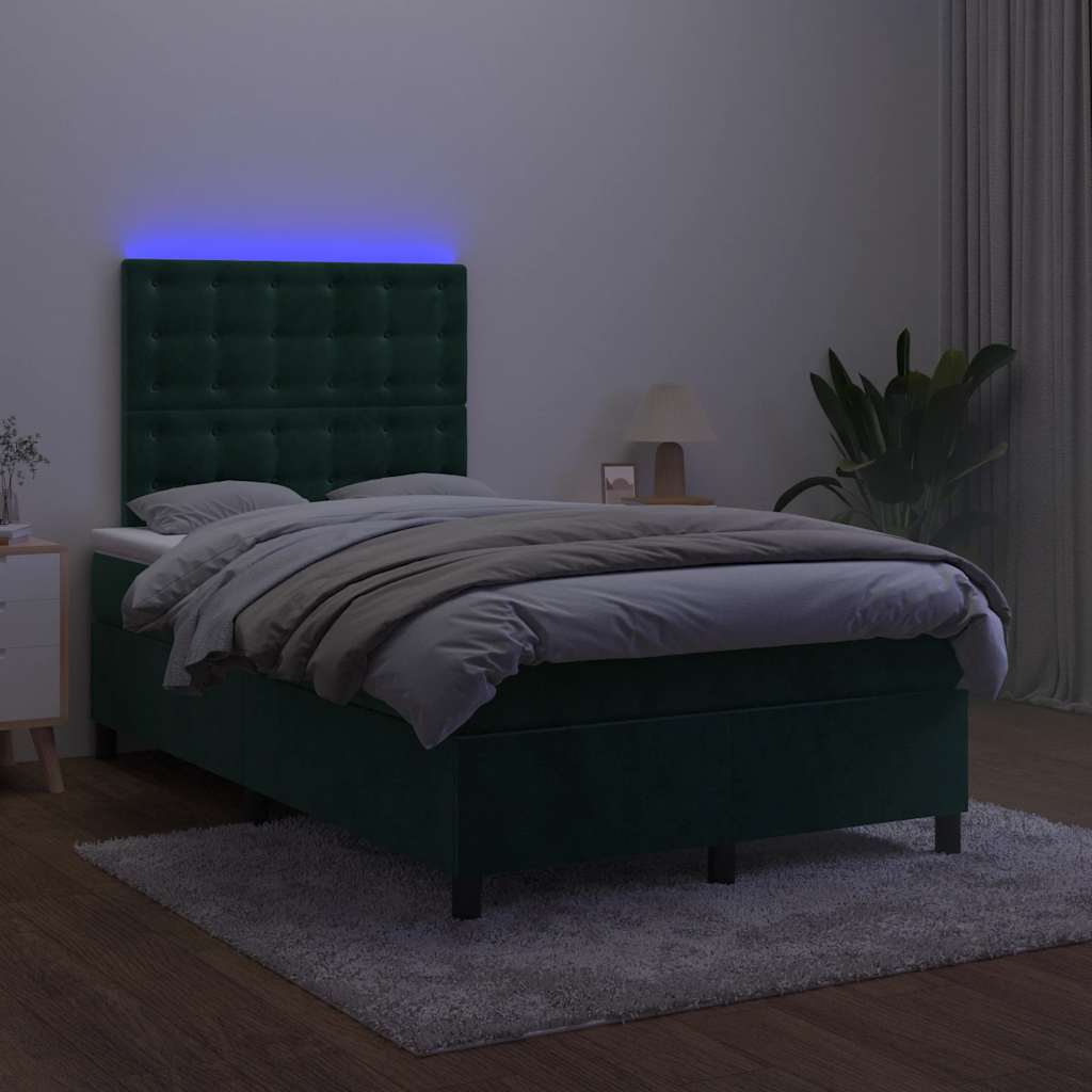 Cama box spring com colchão e luzes LED veludo verde-escuro