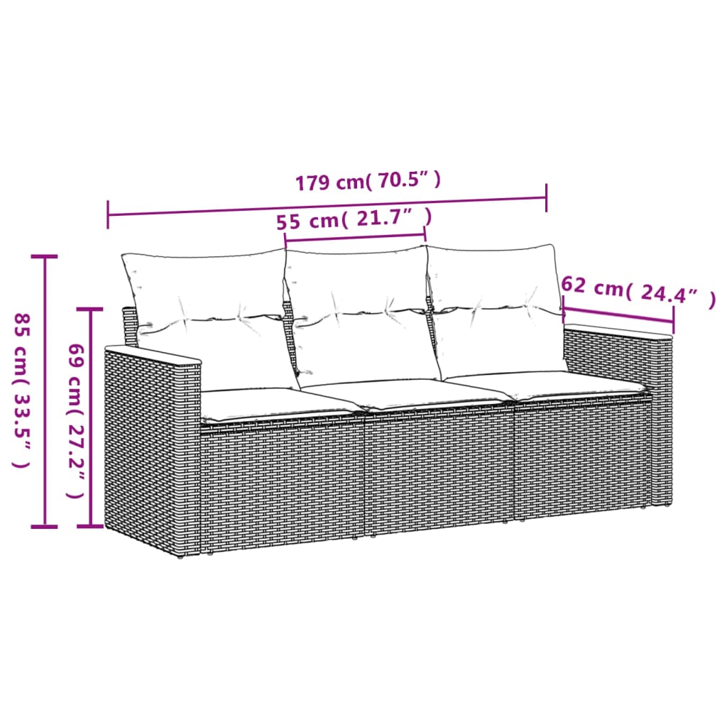 3 Pcs conjunto sofás de jardim c/ almofadões vime PE cinzento
