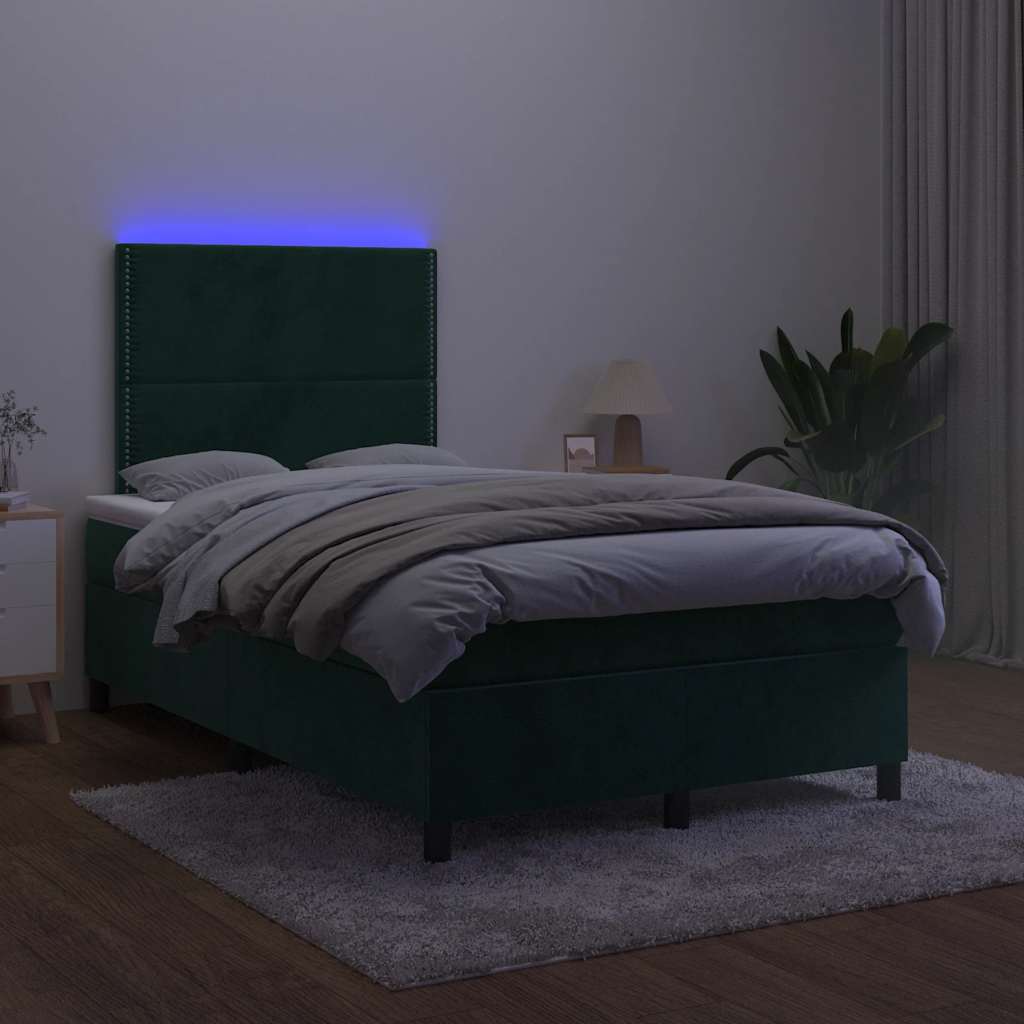 Cama box spring com colchão e luzes LED veludo verde-escuro